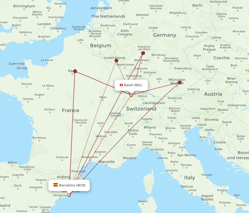 BCN to BSL flights and routes map