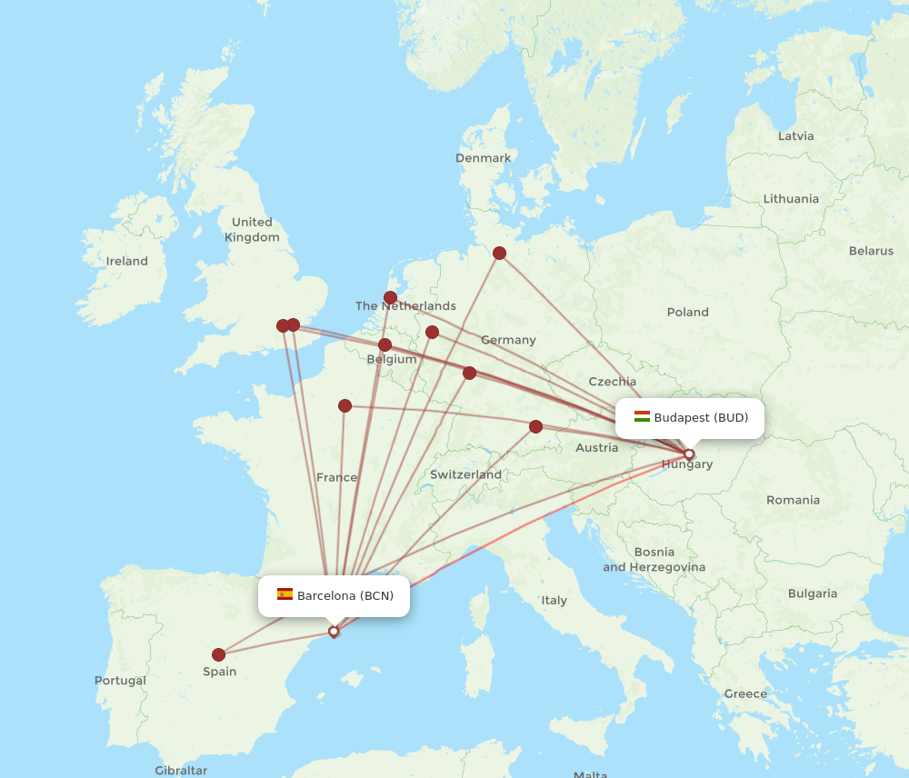 BCN to BUD flights and routes map
