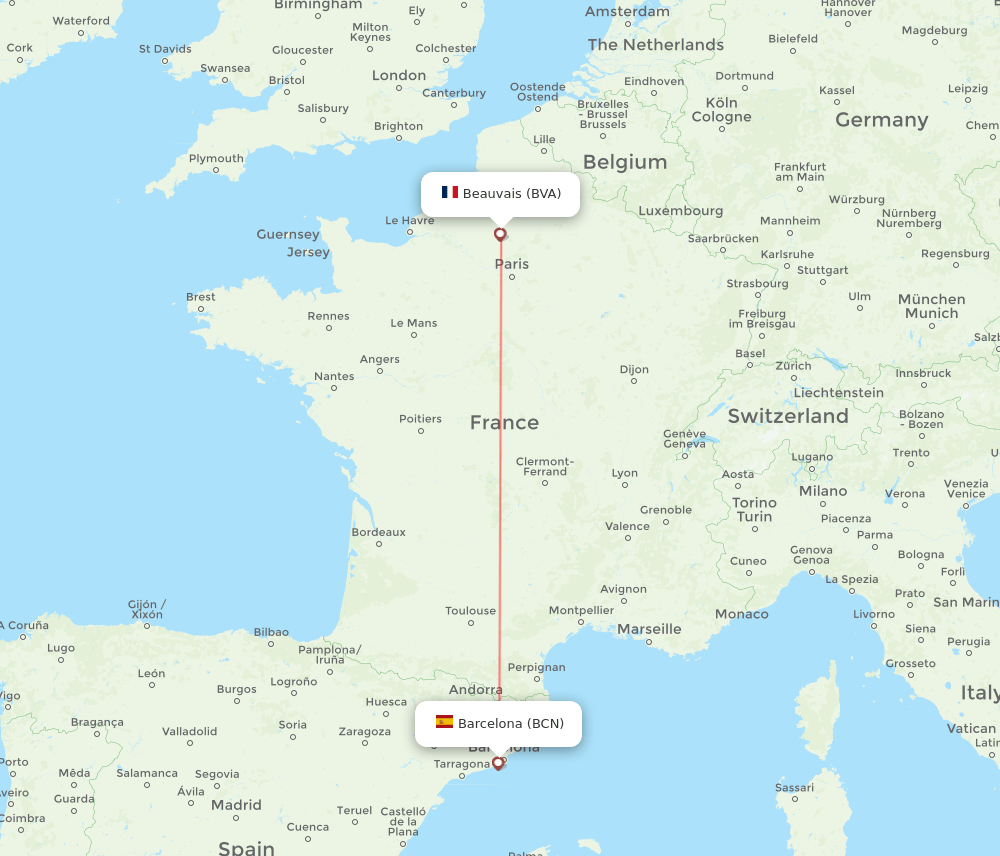 Barcelona - Paris route map and flight paths