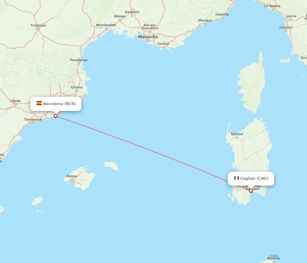 Barcelona - Cagliari route map and flight paths