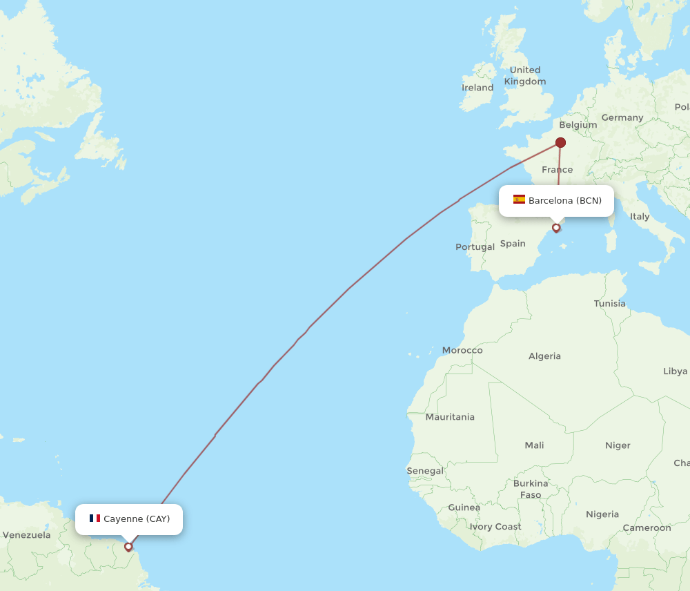 BCN to CAY flights and routes map