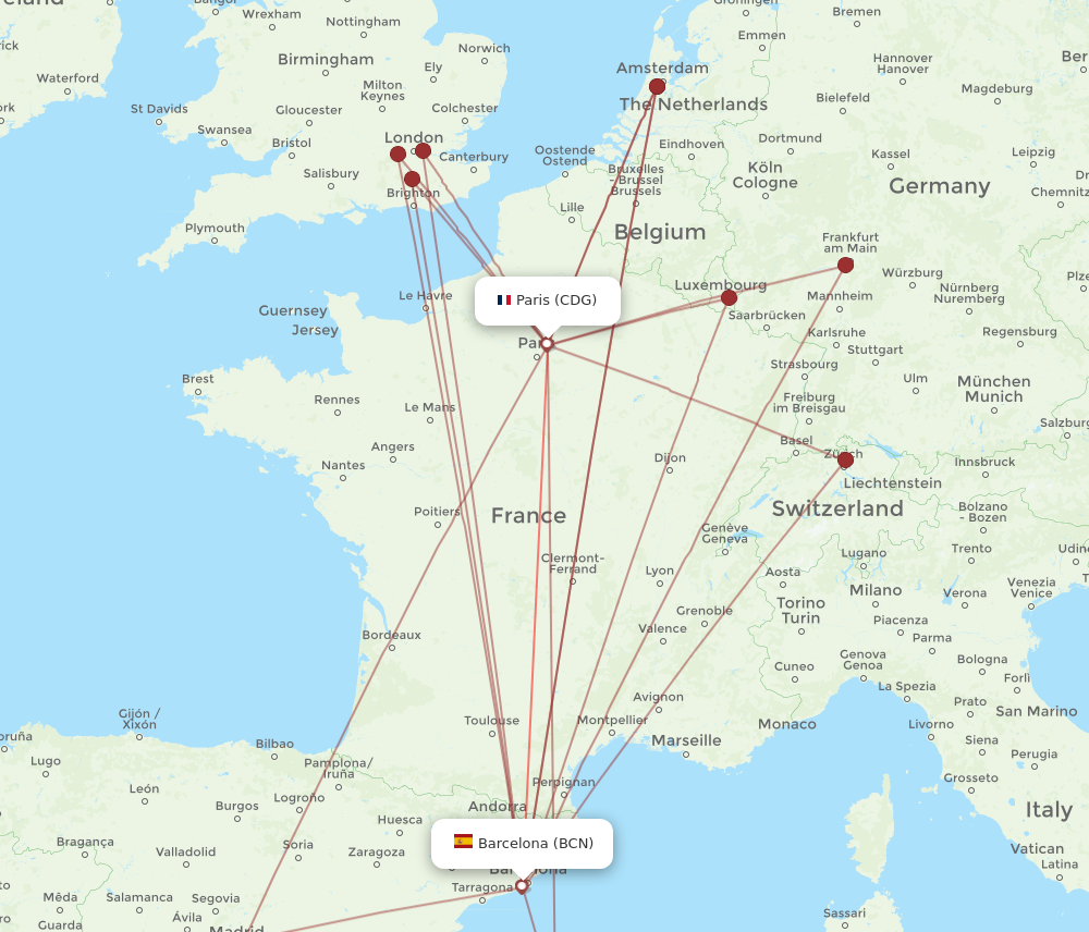 BCN to CDG flights and routes map