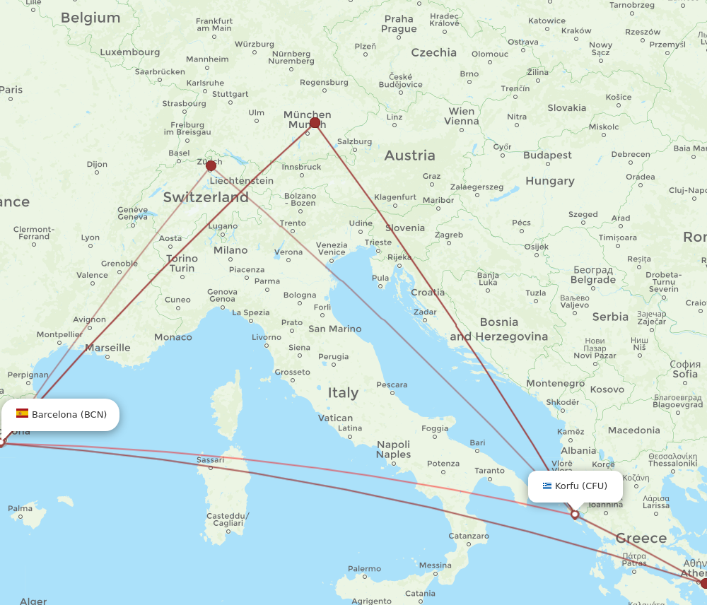 BCN to CFU flights and routes map