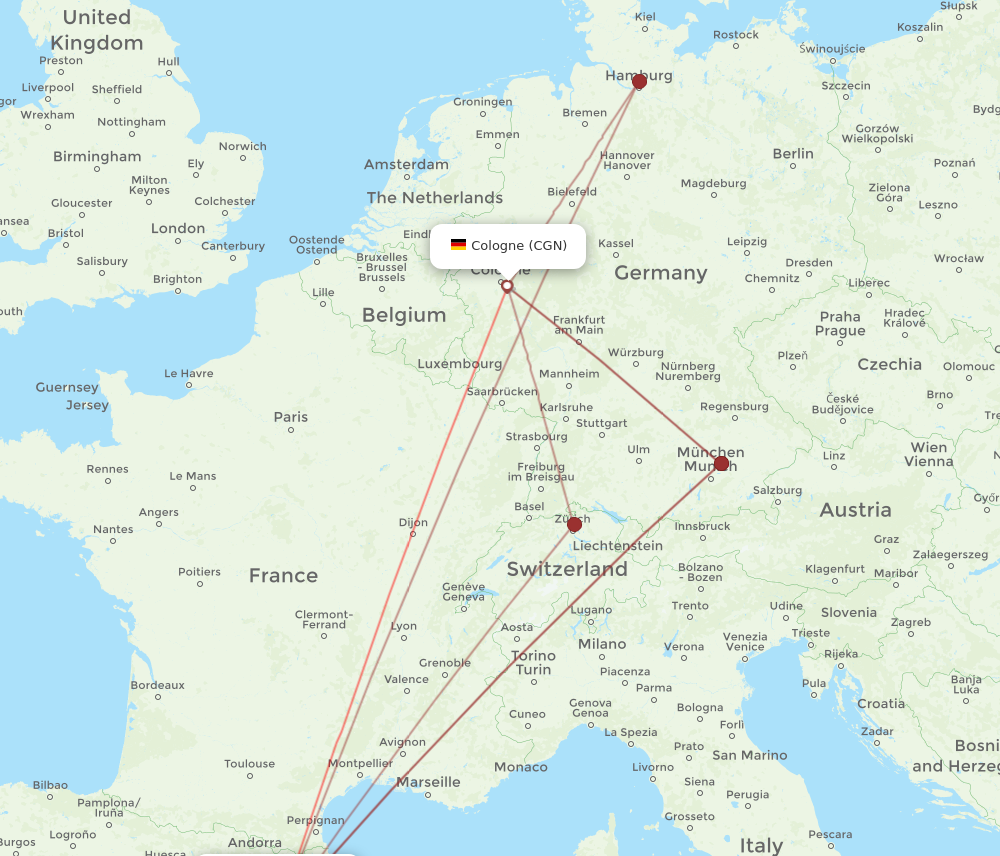 BCN to CGN flights and routes map