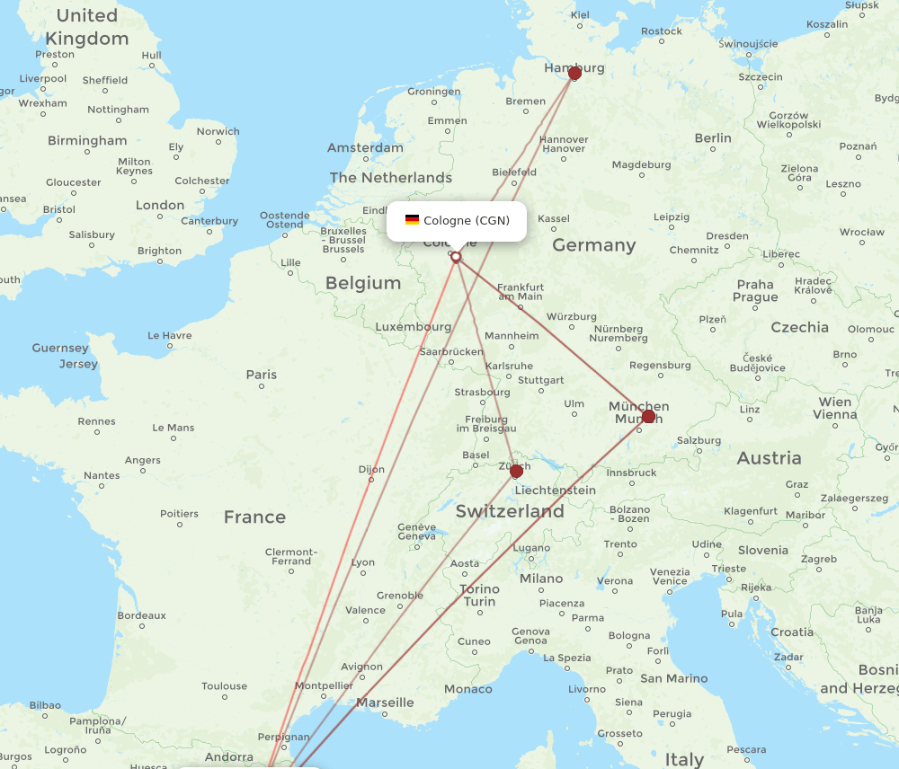 BCN to CGN flights and routes map