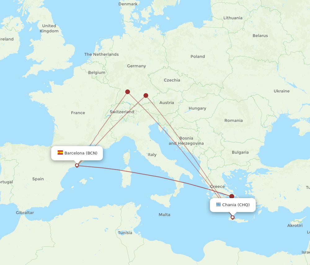 BCN to CHQ flights and routes map