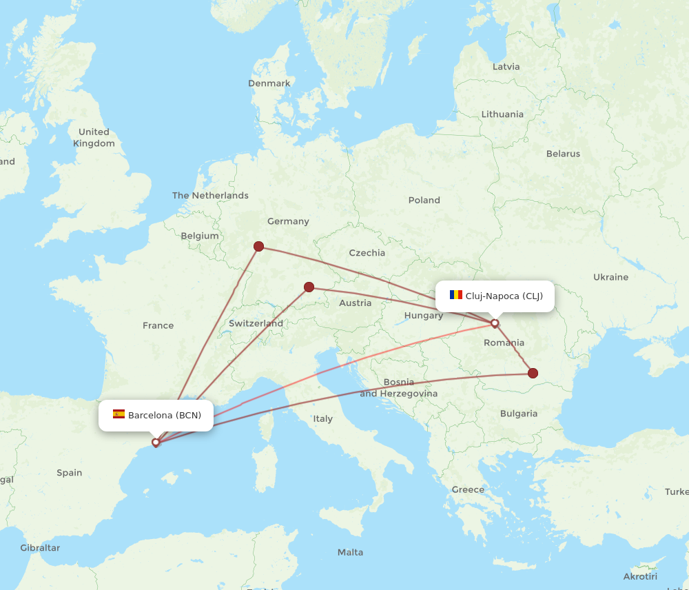 BCN to CLJ flights and routes map