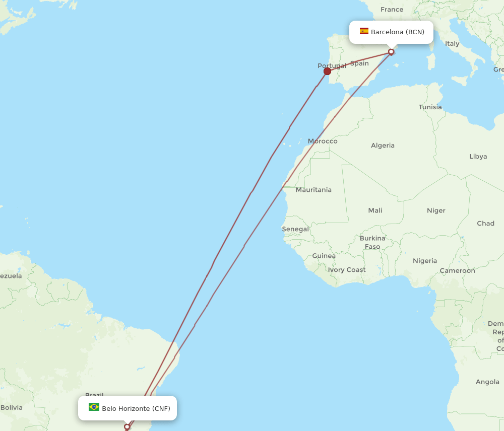 BCN to CNF flights and routes map