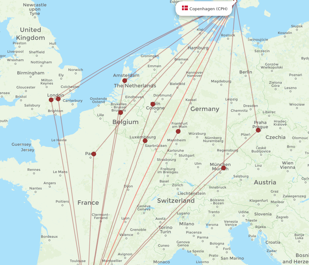 BCN to CPH flights and routes map