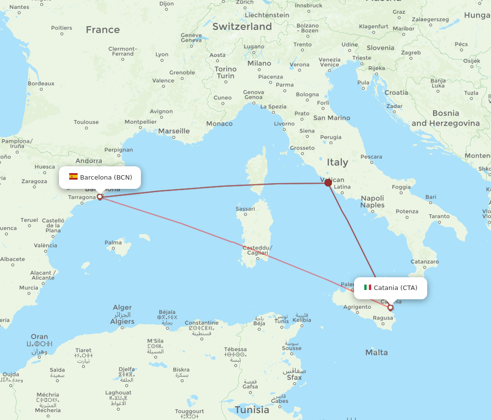 BCN to CTA flights and routes map