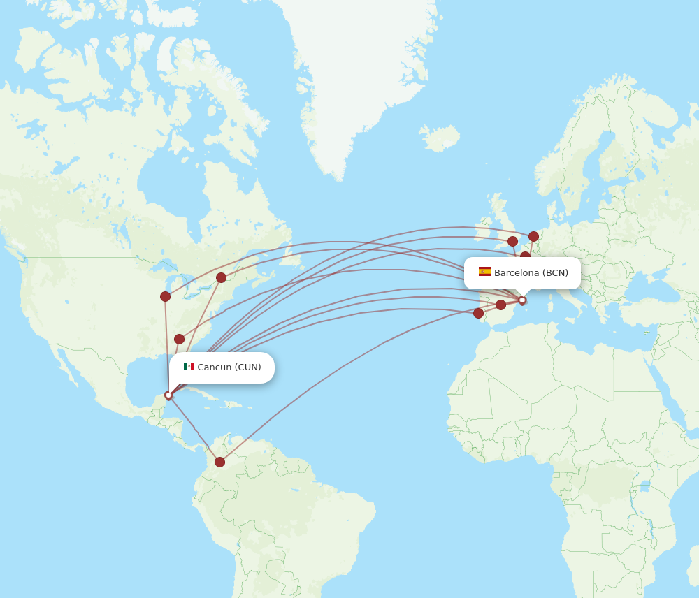 BCN to CUN flights and routes map