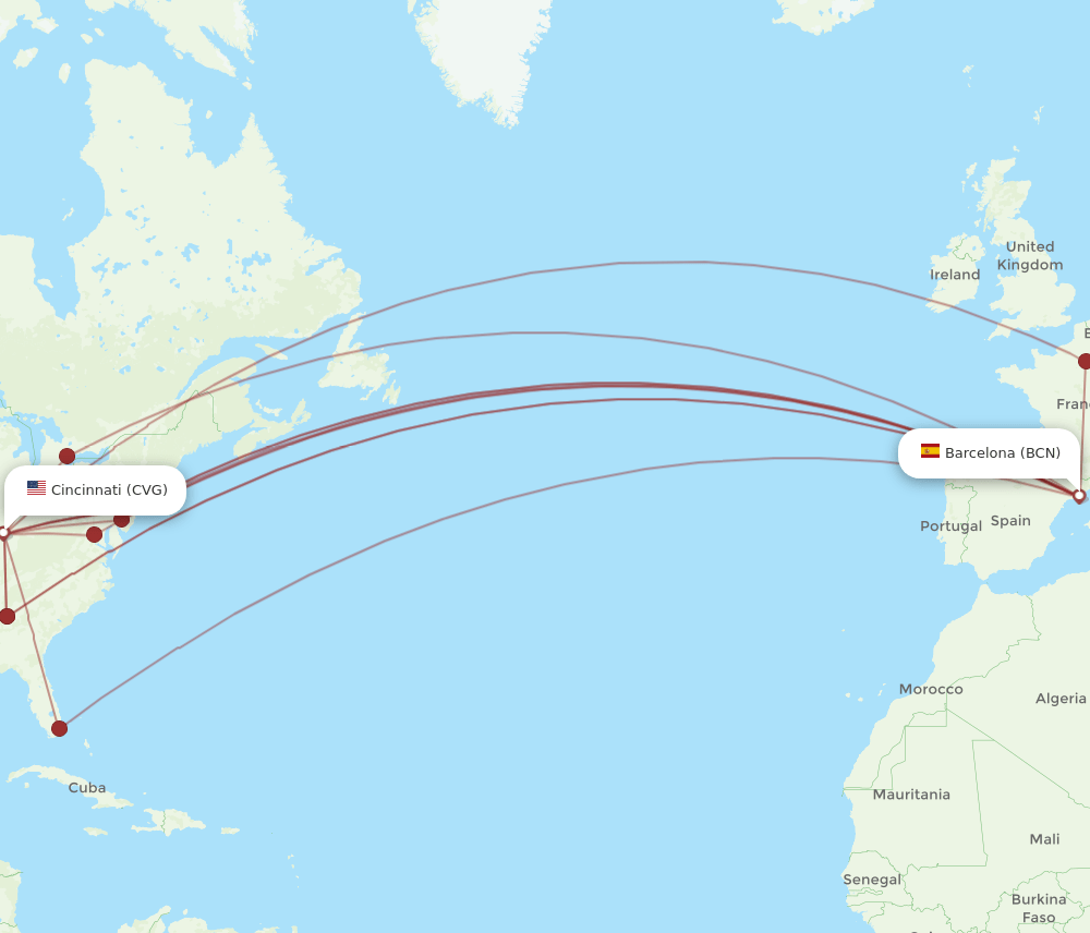 BCN-CVG flight routes