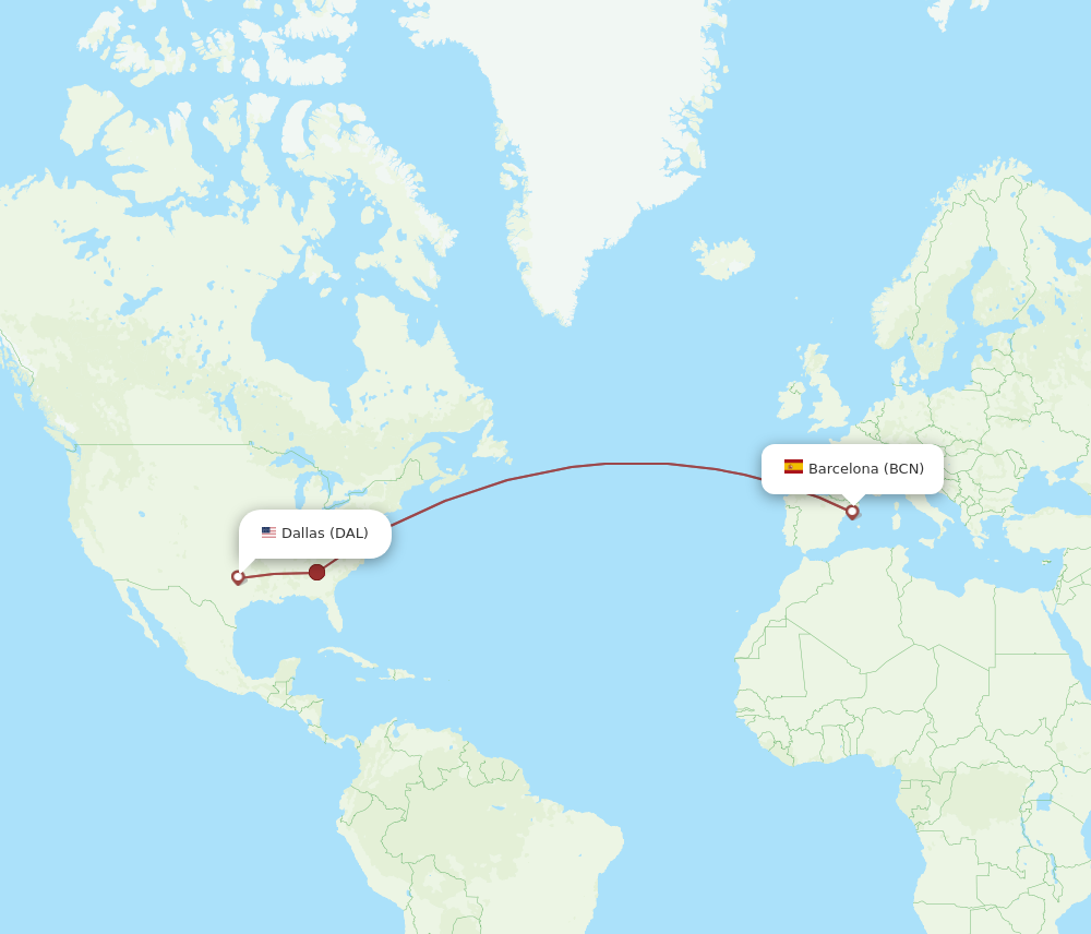 BCN to DAL flights and routes map