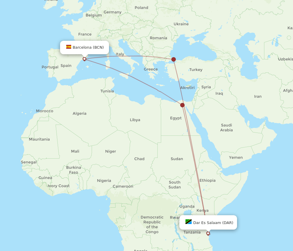 BCN-DAR flight routes