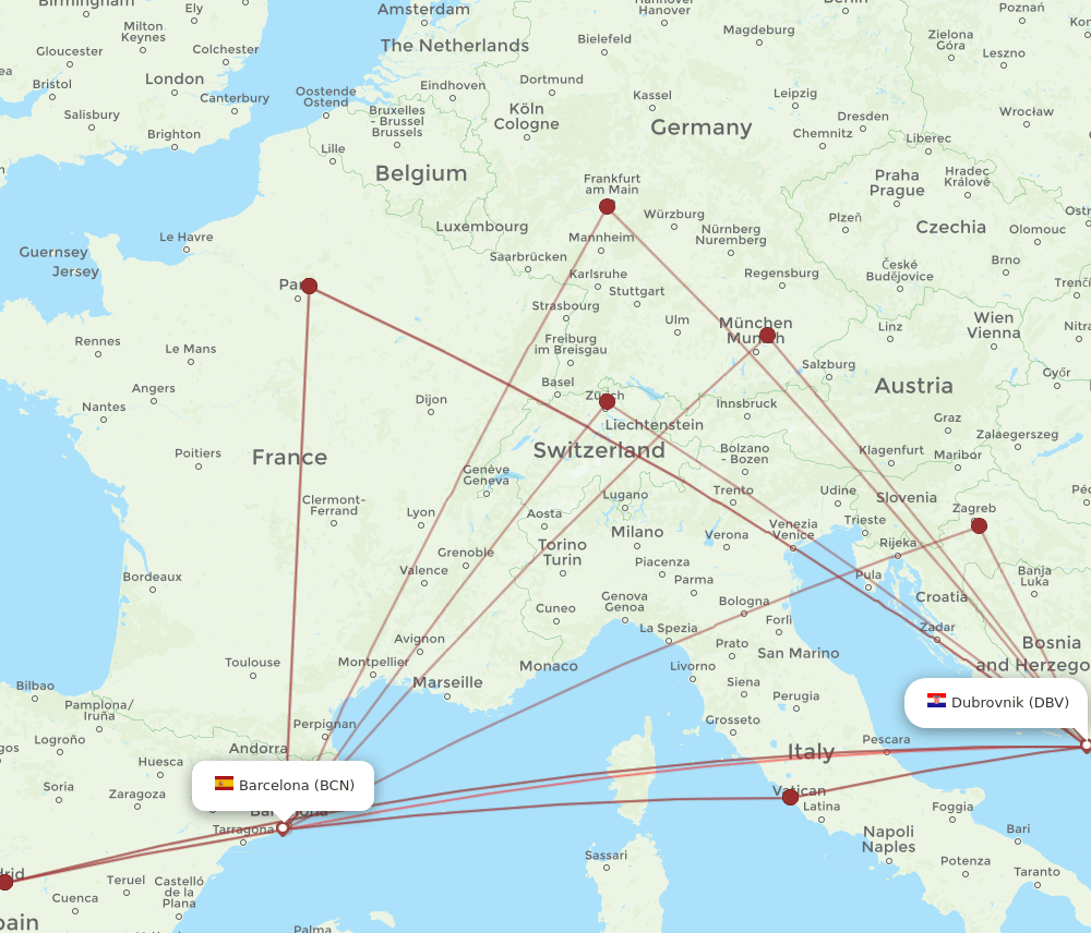 BCN to DBV flights and routes map