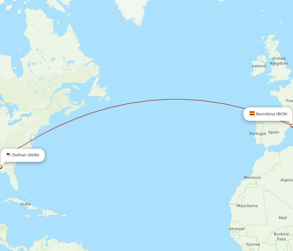 BCN to DHN flights and routes map