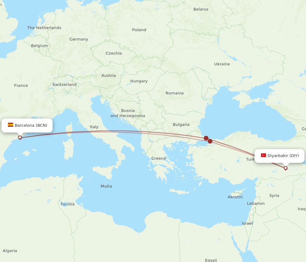 BCN-DIY flight routes