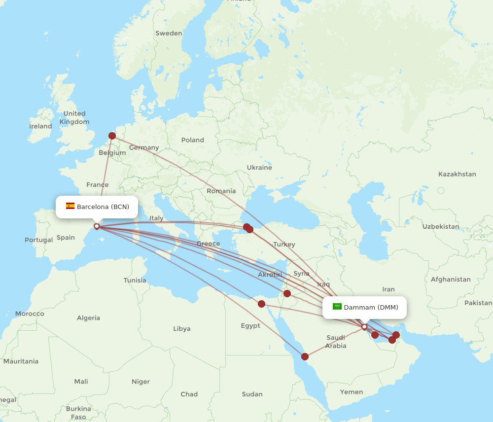 BCN-DMM flight routes