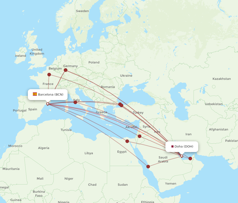 BCN to DOH flights and routes map