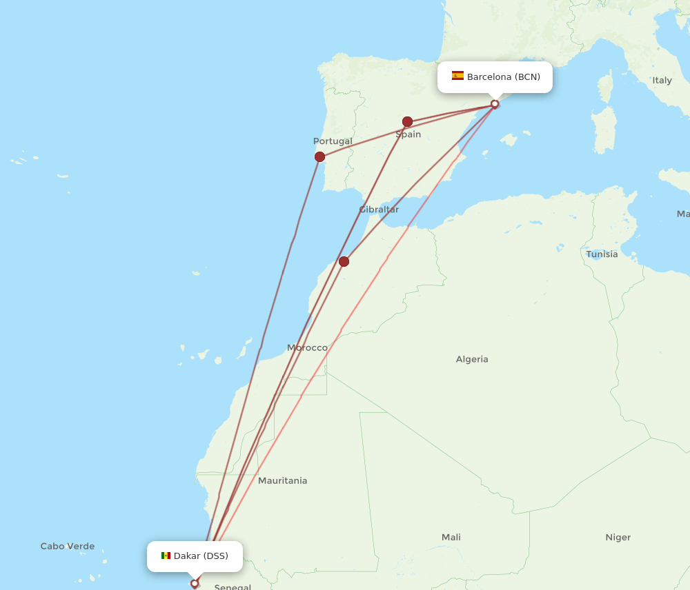 BCN to DSS flights and routes map