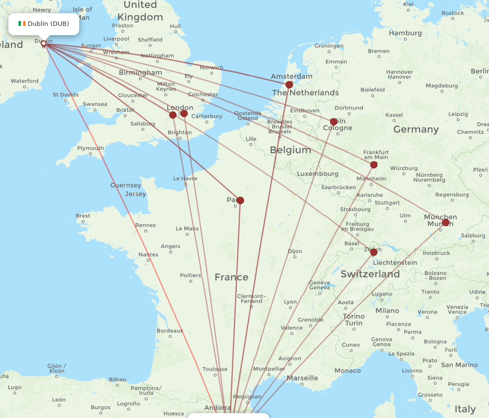 BCN to DUB flights and routes map