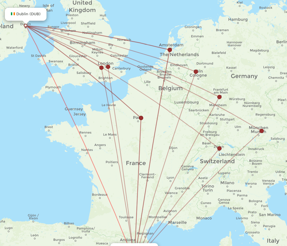 BCN to DUB flights and routes map