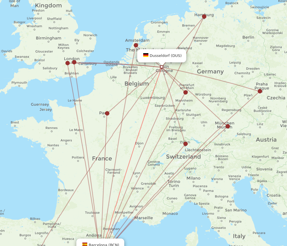 BCN to DUS flights and routes map