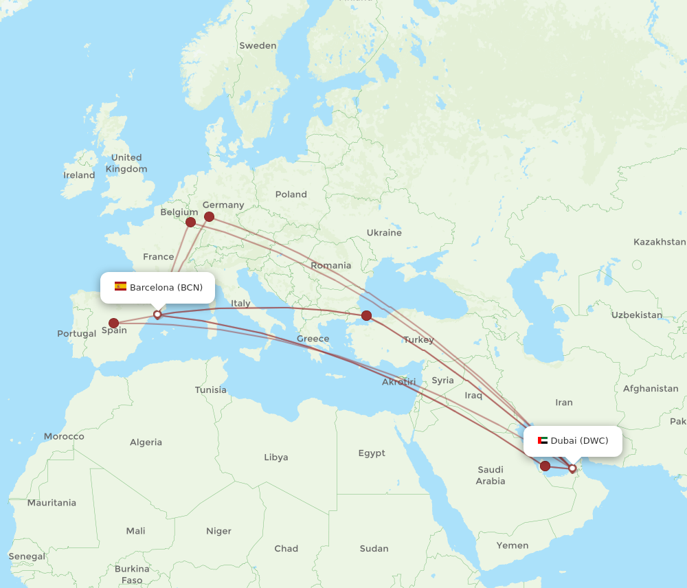 BCN to DWC flights and routes map