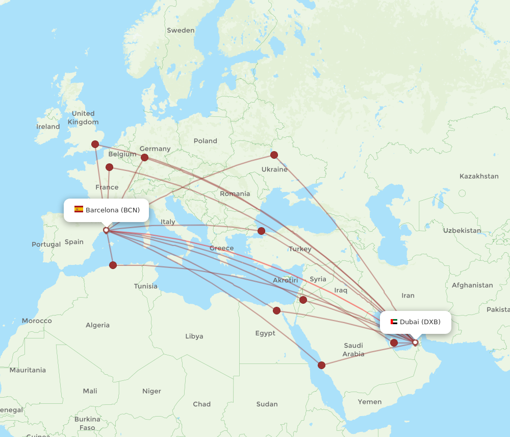 BCN to DXB flights and routes map