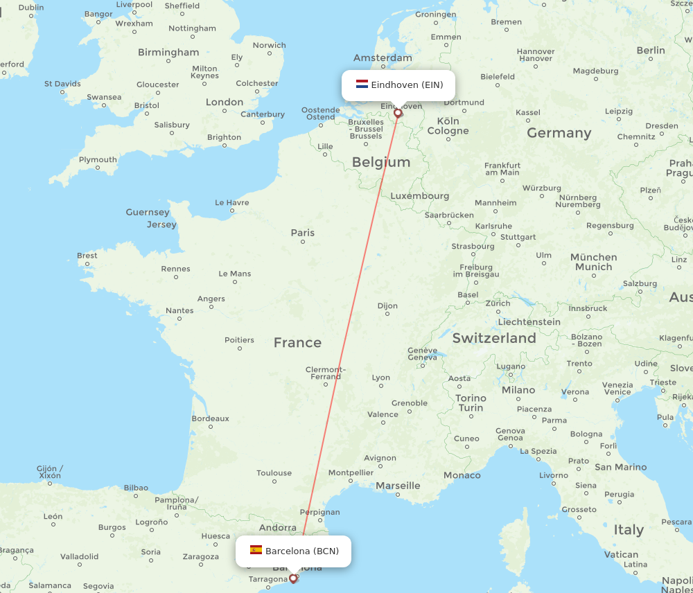 BCN to EIN flights and routes map