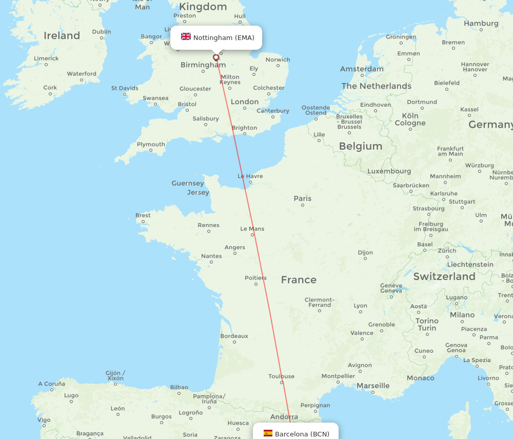 BCN to EMA flights and routes map