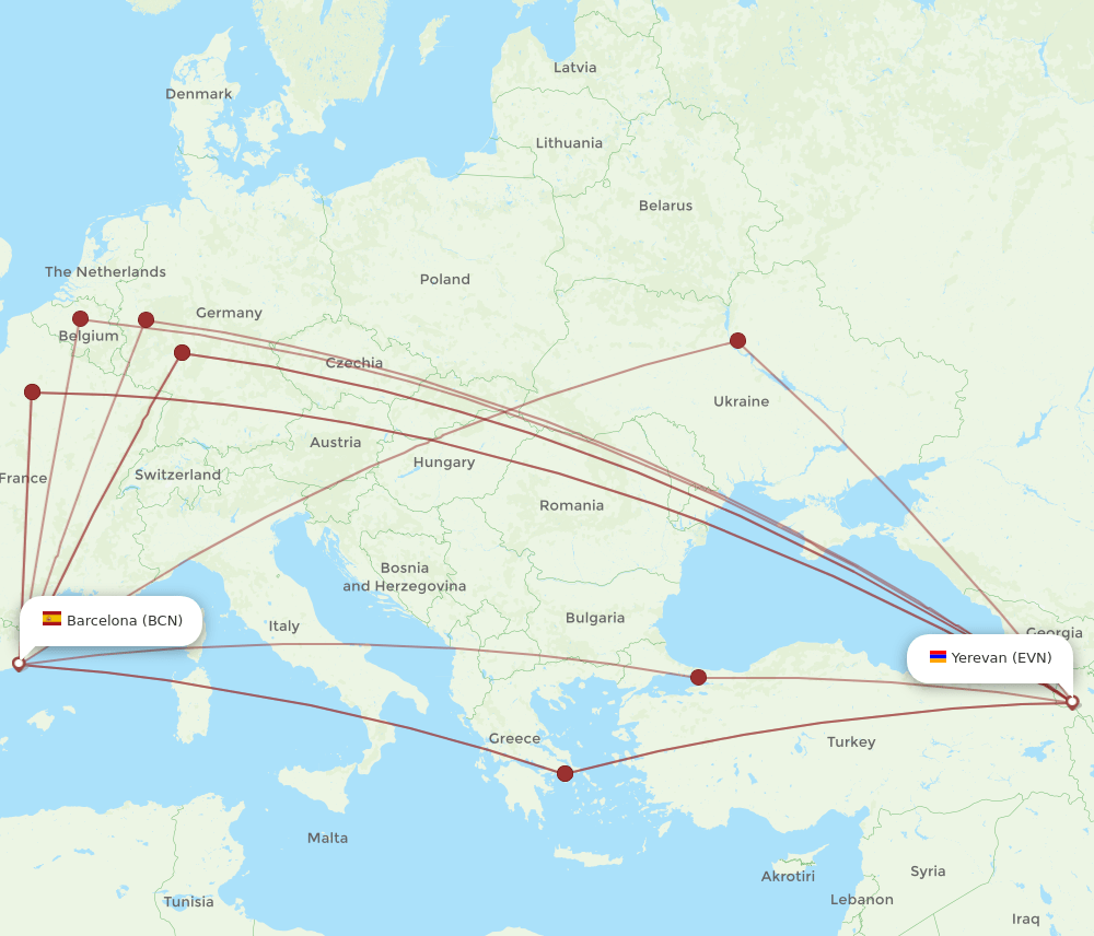 BCN to EVN flights and routes map