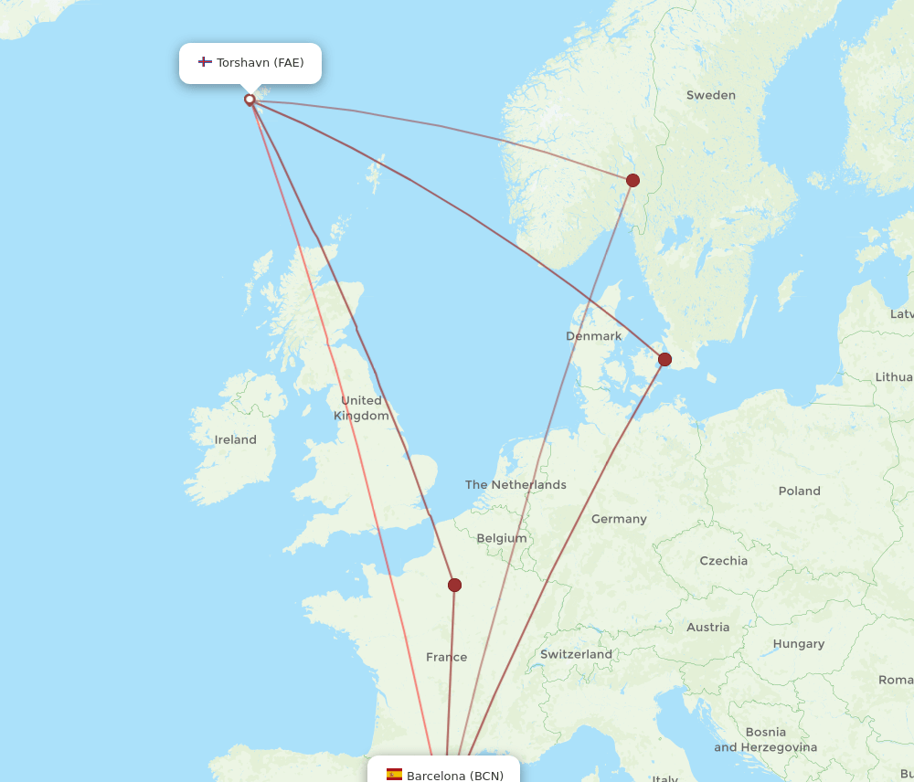 BCN to FAE flights and routes map