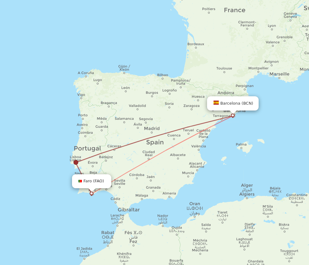 BCN to FAO flights and routes map