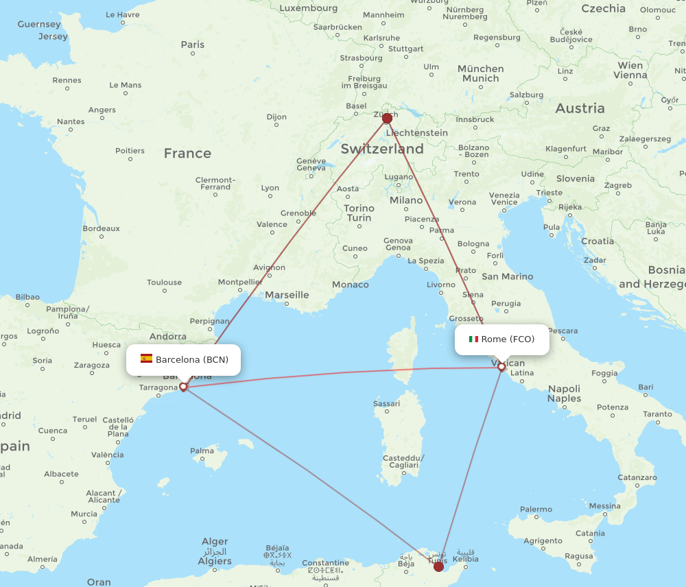 BCN to FCO flights and routes map