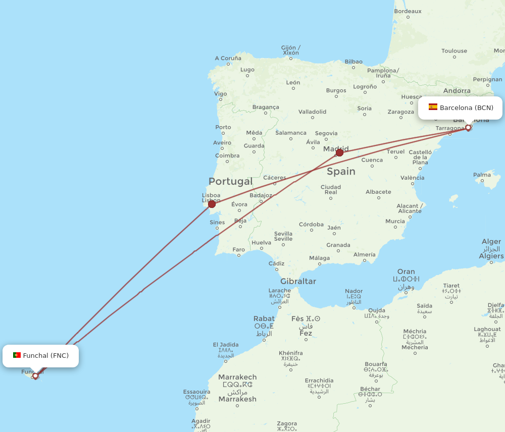 BCN to FNC flights and routes map