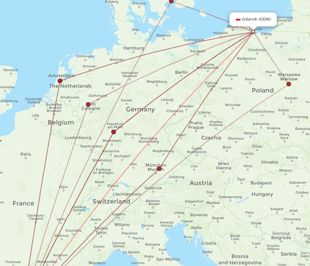 BCN to GDN flights and routes map