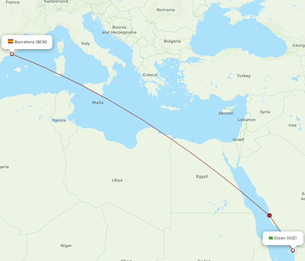 BCN-GIZ flight routes