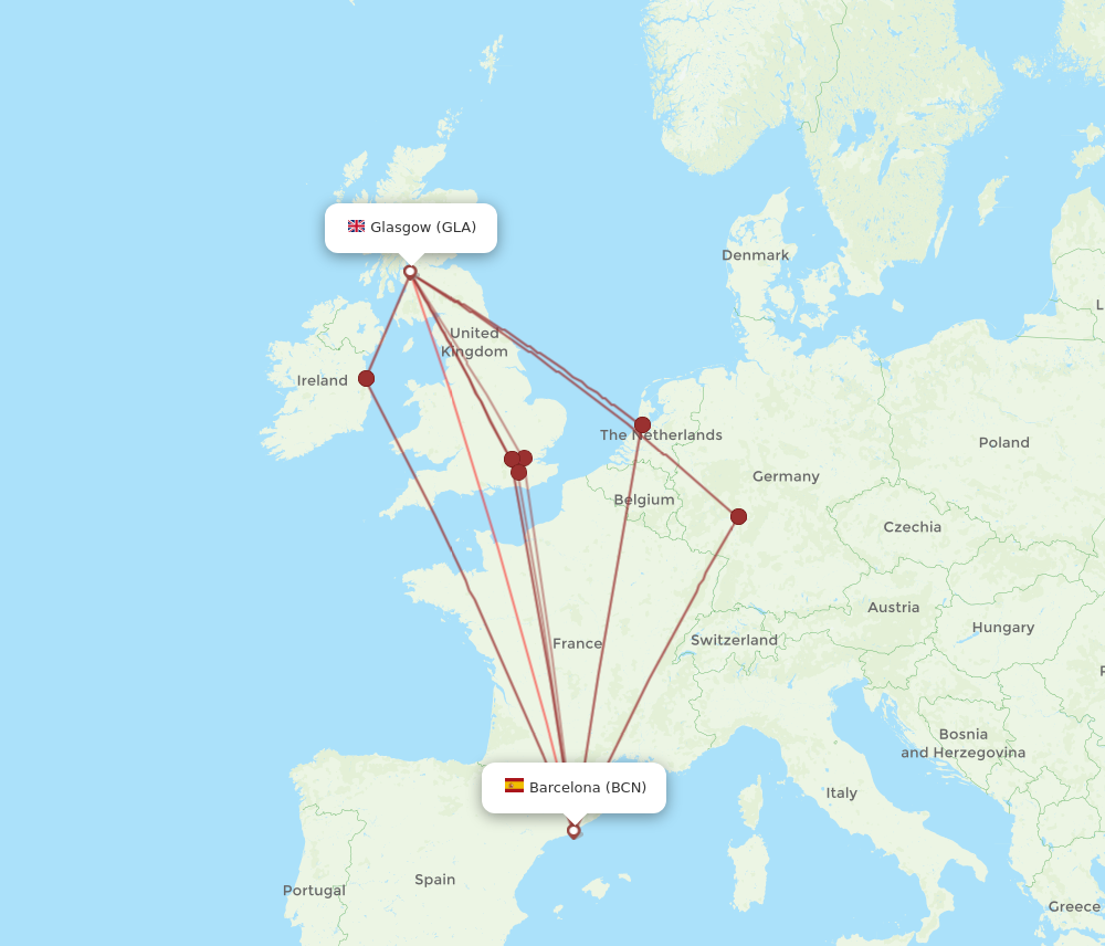 BCN to GLA flights and routes map
