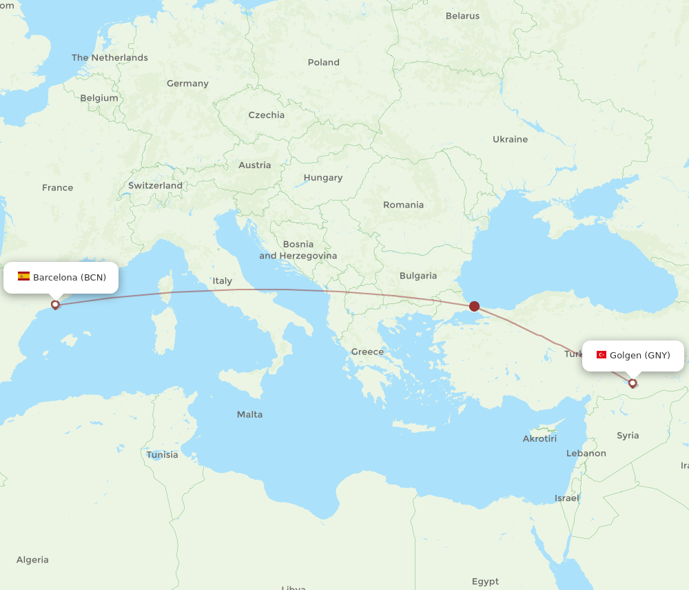 BCN to GNY flights and routes map