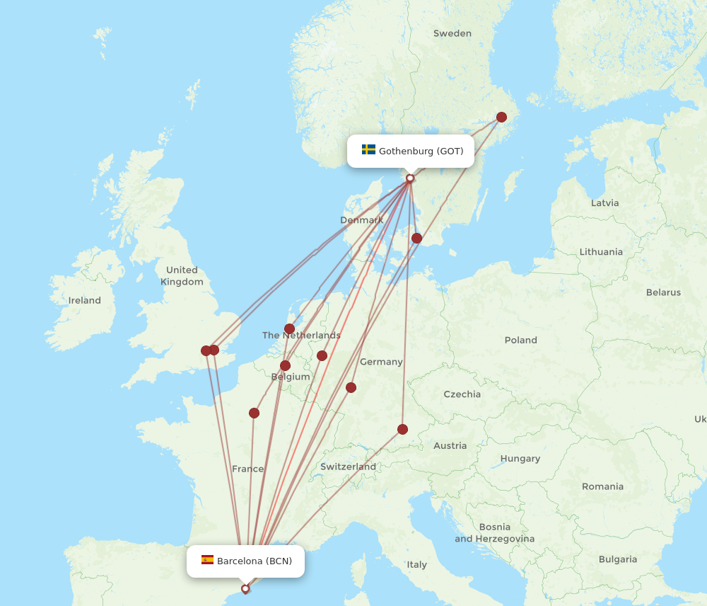 BCN to GOT flights and routes map