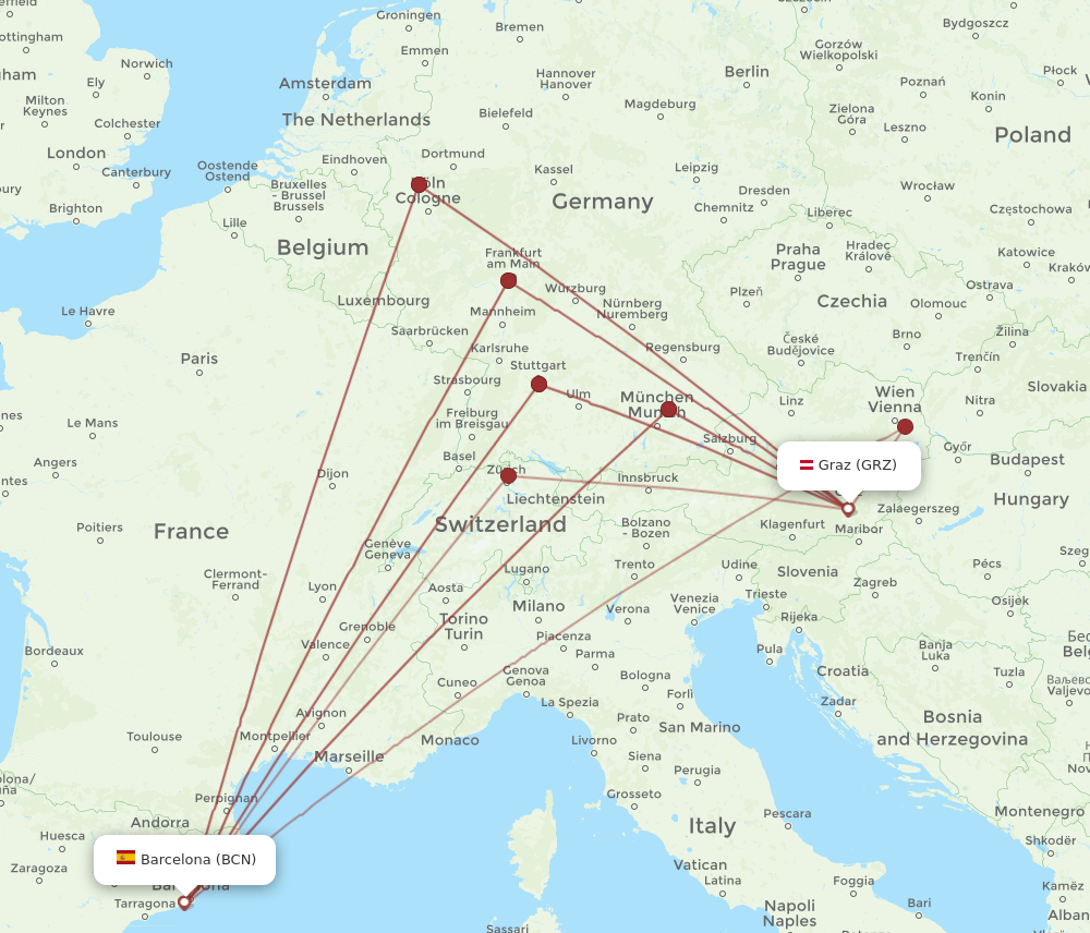 BCN to GRZ flights and routes map