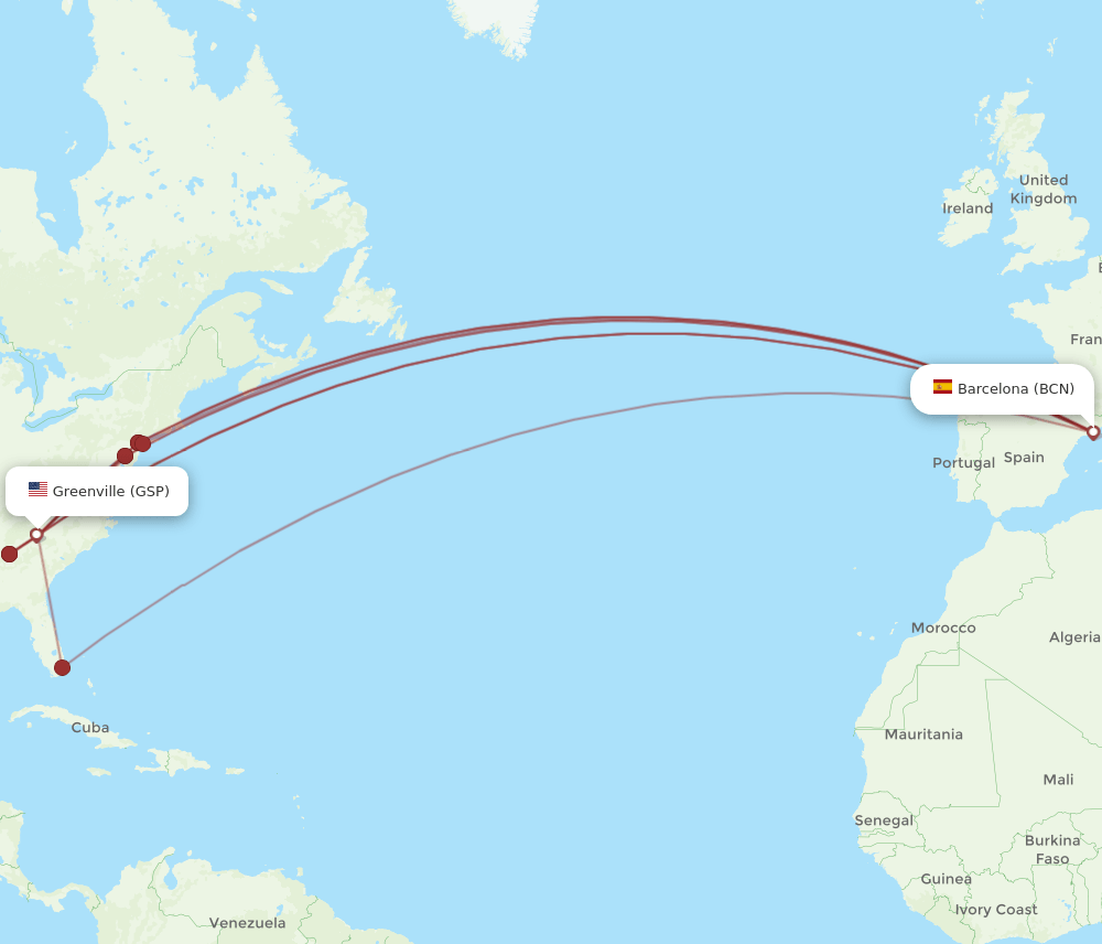 BCN-GSP flight routes