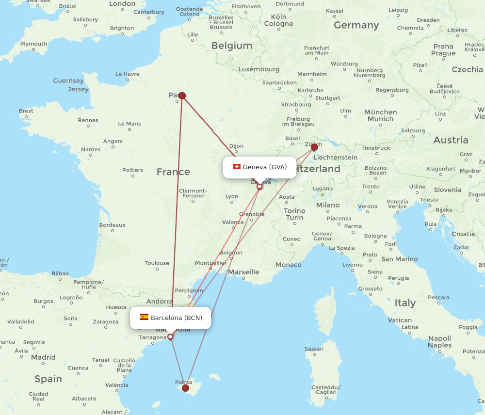 BCN to GVA flights and routes map