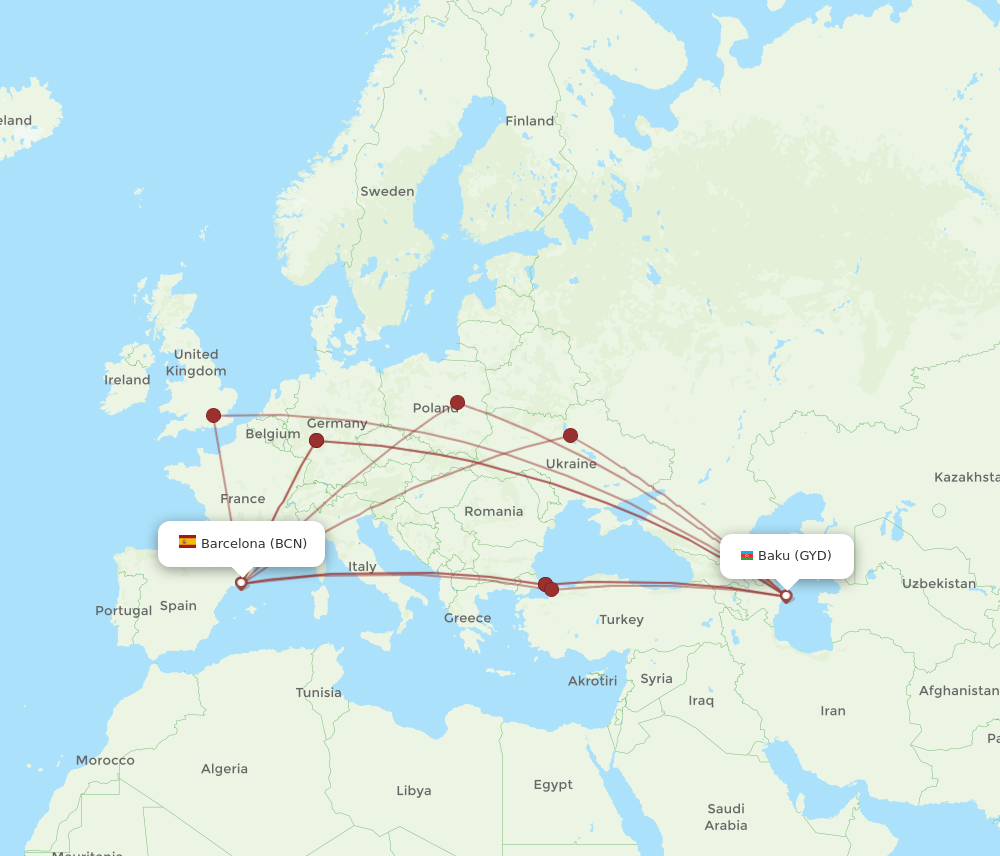 BCN to GYD flights and routes map