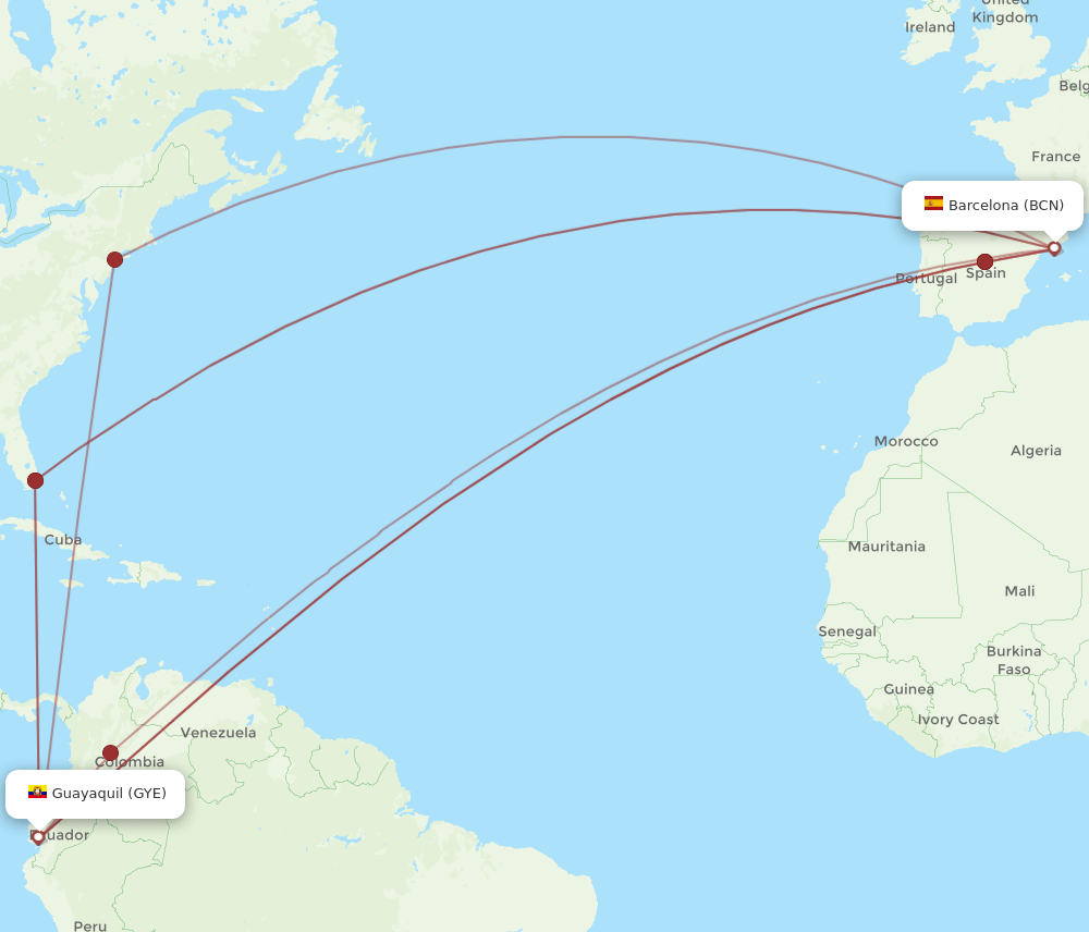 BCN to GYE flights and routes map
