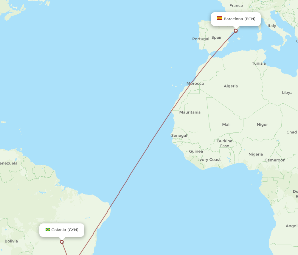 BCN to GYN flights and routes map