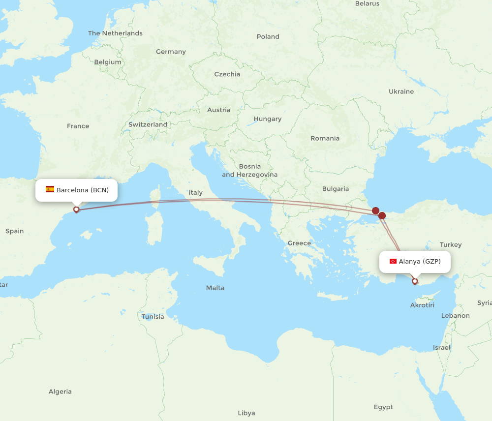 BCN-GZP flight routes