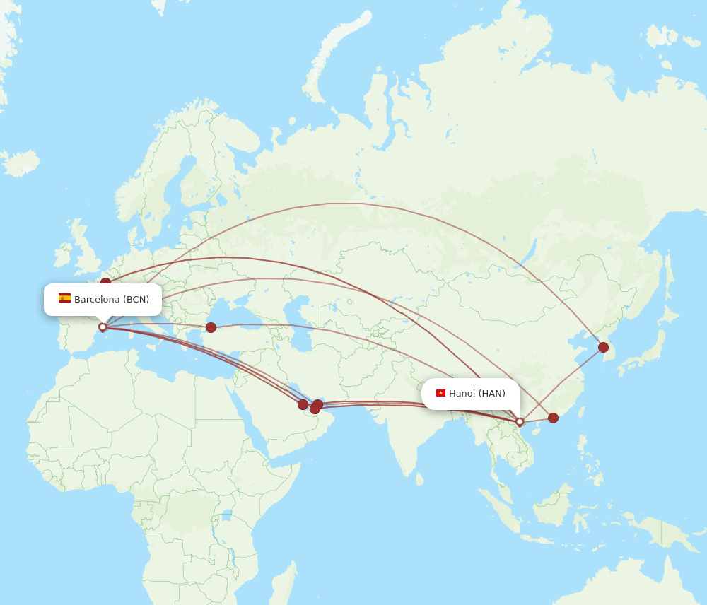 BCN to HAN flights and routes map