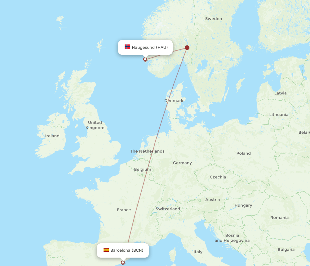 BCN to HAU flights and routes map